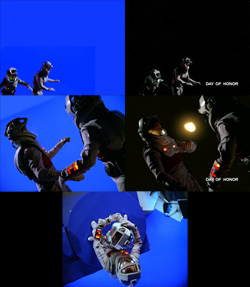 Live footage is shot against a bluescreen and the blue is removed in post-production
